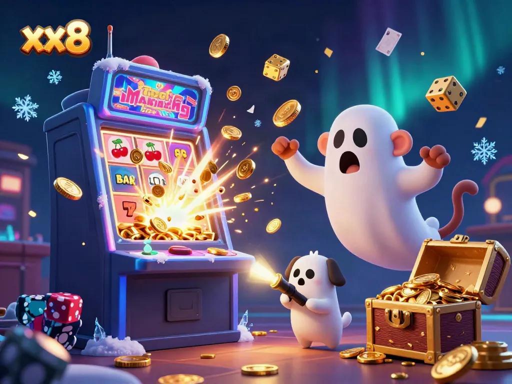 Experience gaming excitement at xx8 with a poltergeist monkey juggling golden coins in a vibrant casino scene.