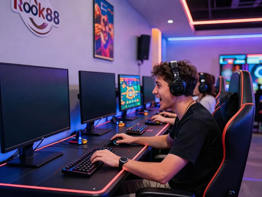 Player engaging with rokok88 online gaming, showcasing vibrant screen graphics and modern gaming setup.