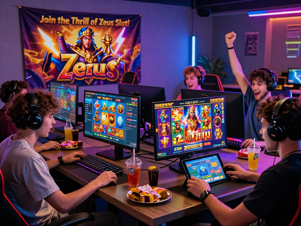 Players enjoying zeus slot games in a vibrant casino lounge with dynamic graphics and excitement.