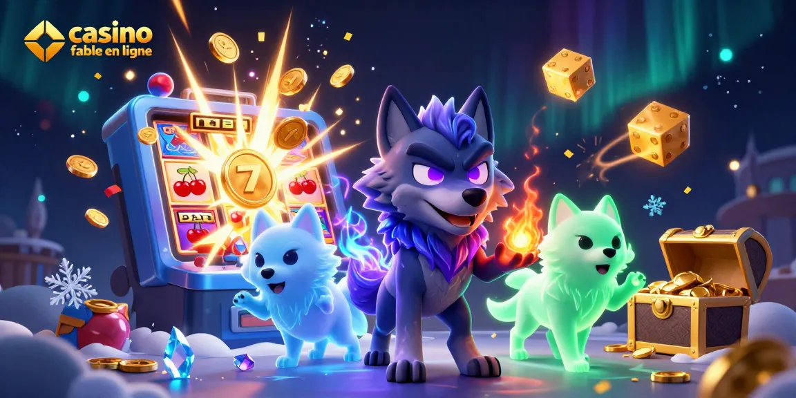 Illustration dynamique d'un casino fiable en ligne avec des personnages de loups spectres entourés de machines à sous et de flammes spirituelles.