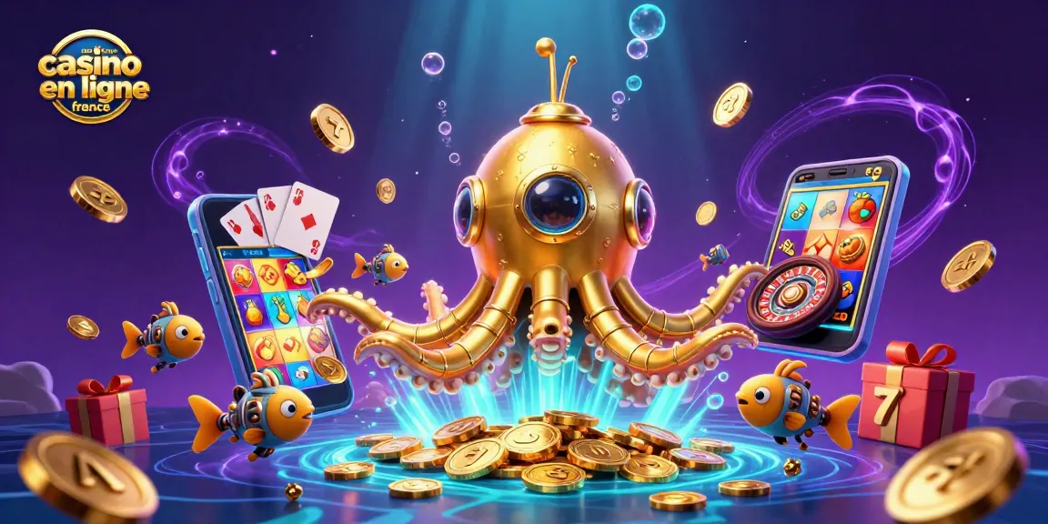 Visualisez le meilleur casino en ligne France avec un kraken en sous-marin entouré de pièces d'or et jeux à gagner.