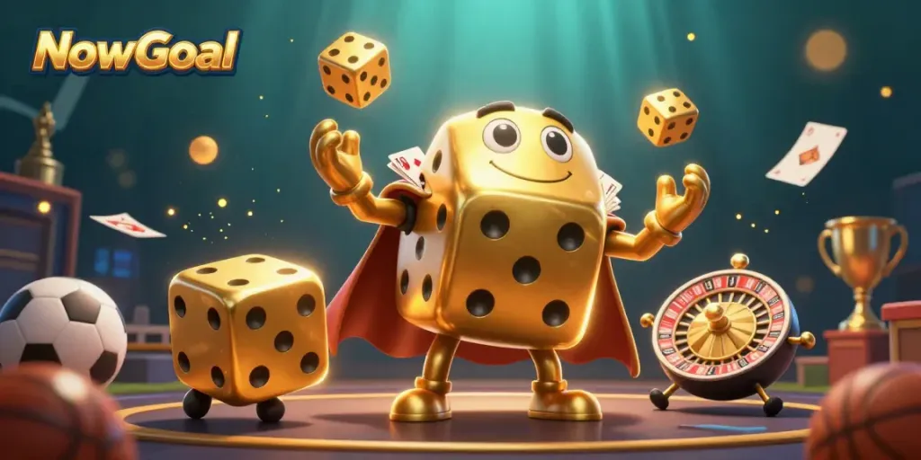 NowGoal showcases a dynamic sports betting illustration with a golden dice golem and vibrant sports elements.