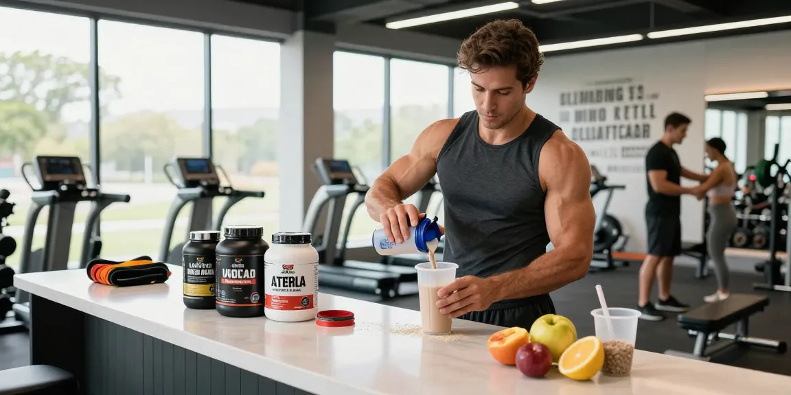 Action shot of a man preparing a pre-workout shake in the Astera Shop, surrounded by fitness supplements and equipment.