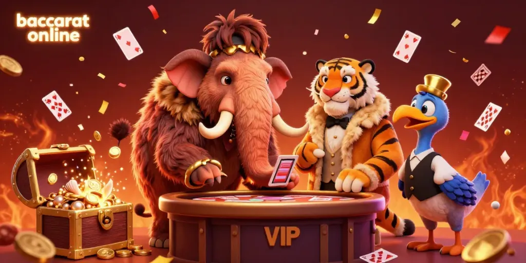 Baccarat online scene featuring a plush casino environment with colorful characters and dynamic decorations