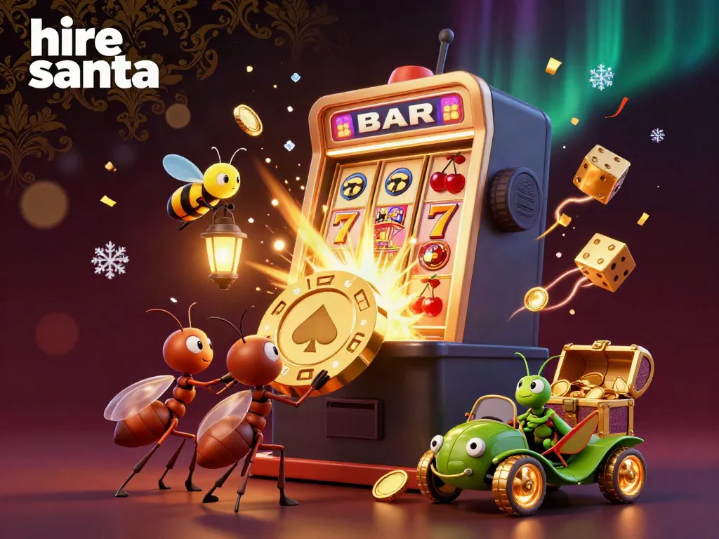 Engaging scene where you can hire Santa, featuring whimsical ants with a massive poker chip amidst vibrant casino elements.