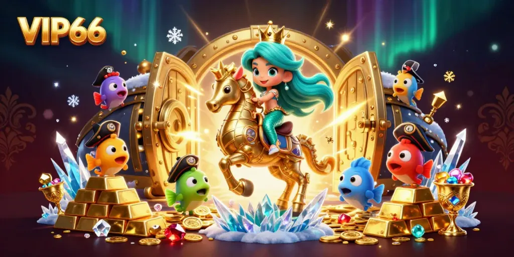 Experience excitement at VIP66 with a vibrant illustration of a mermaid princess and treasure elements