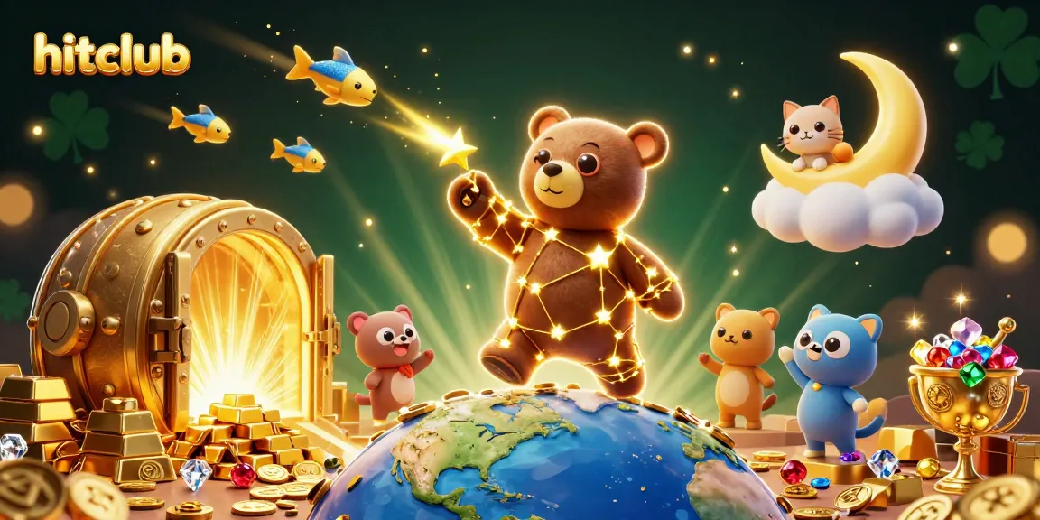 Win big with hitclub in this vibrant online casino scene, featuring treasure and playful characters!