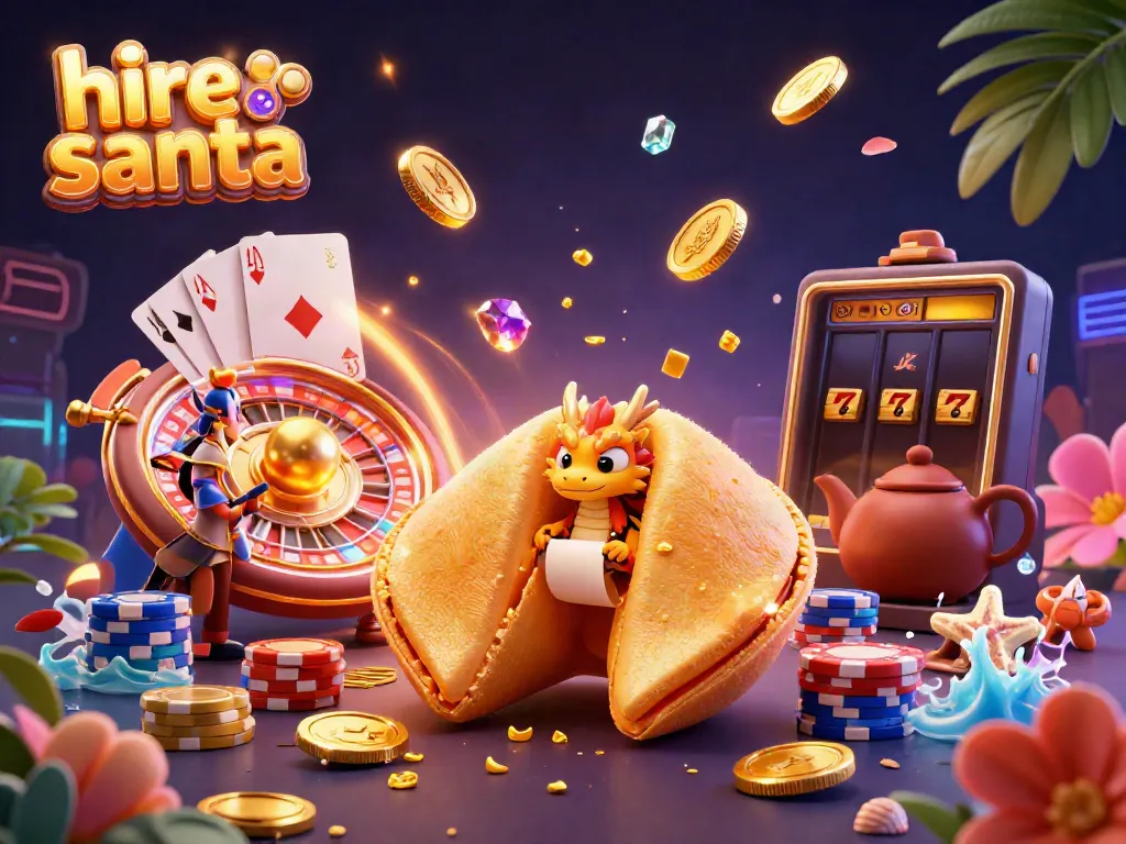 Hire Santa with casino-themed characters and sparkling elements in a vibrant gaming scene.