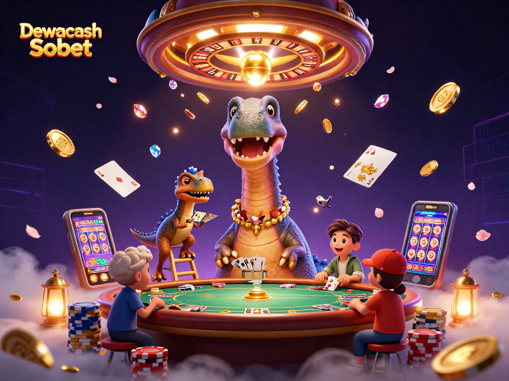 Dewacash Sbobet showcases an exciting casino scene with a dinosaur and raptor dealer amidst vibrant gambling elements.