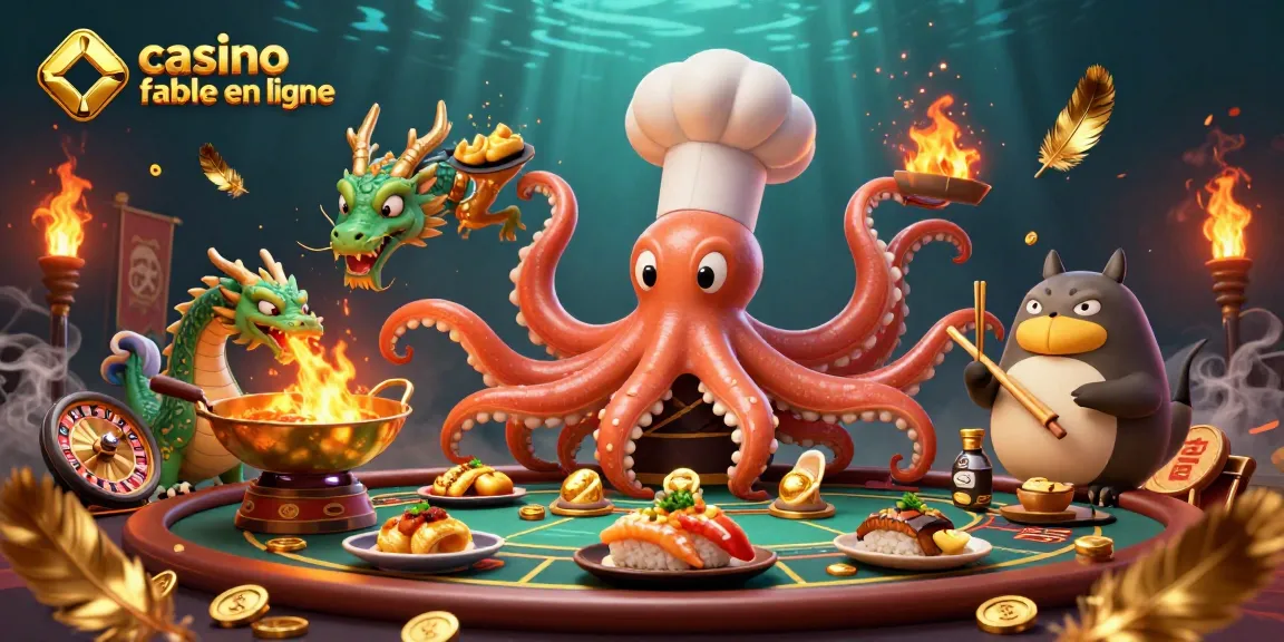 Rejoignez l'aventure d'un casino fiable en ligne avec un poulpe chef de sushi et un dragon au wok d'or.