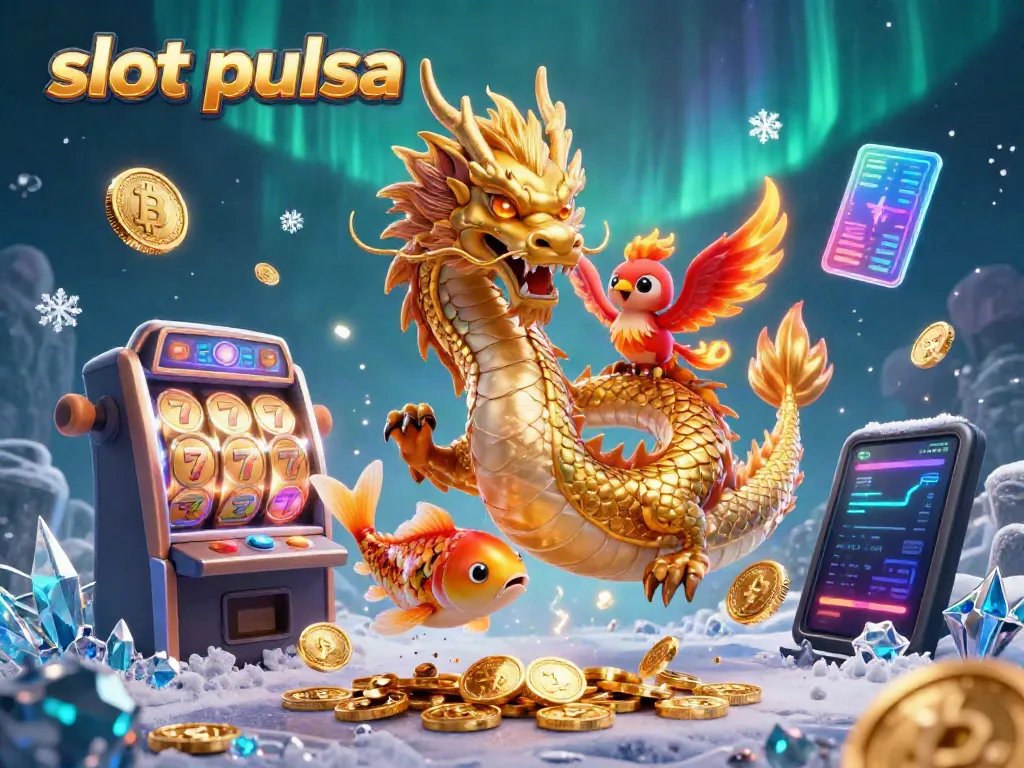 Menangkan slot pulsa dengan naga emas, phoenix merah, dan ikan koi keberuntungan yang melambung di tengah koin.