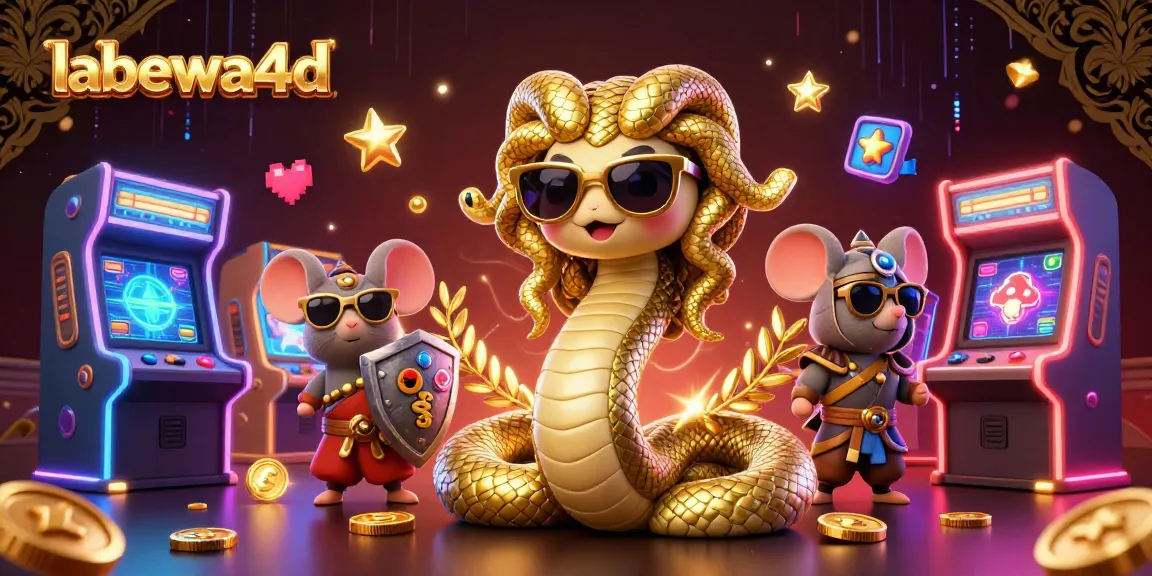 Permain menarik di labewa4d dengan ilustrasi Medusa dan karakter kartun, mesin arcade 3D, elemen kasino.