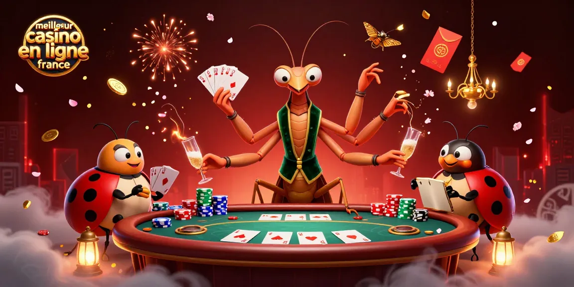 Image illustrant le meilleur casino en ligne France avec un dealer en mante religieuse et des éléments de jeu.