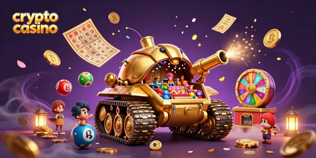 Play thrilling games at a crypto casino featuring a golden beetle tank with a miniature casino inside.