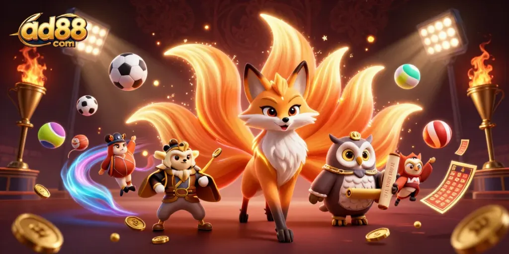 Engage in exciting gaming action with ad88 com featuring vibrant characters and sports elements.