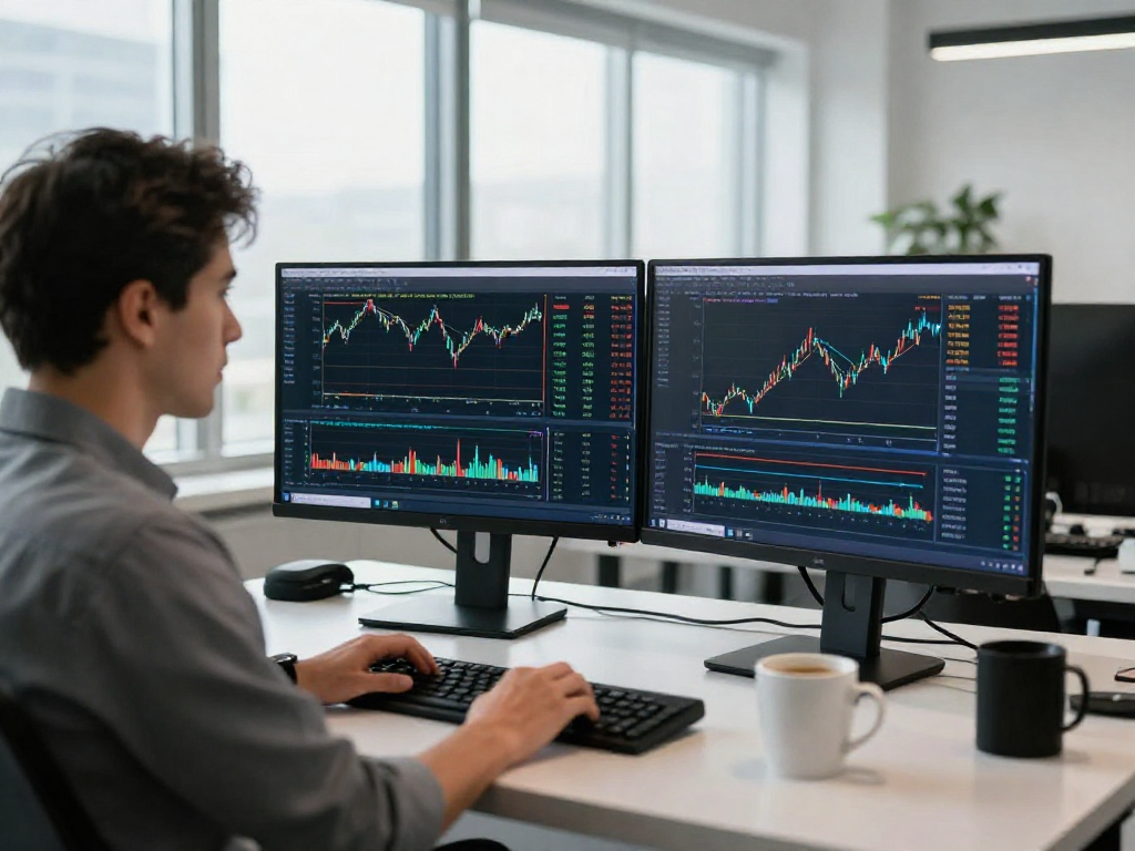 Trader using metatrader 5 for market analysis in a modern office setting.