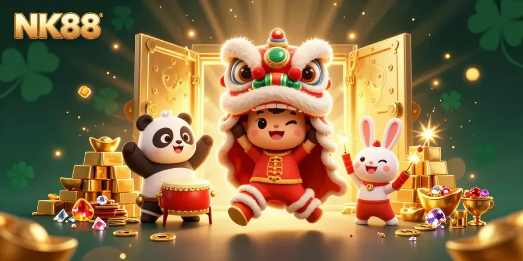 Engage in thrilling NK88 gaming with vibrant 3D lion dance and dazzling treasures.