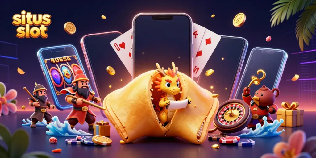Experience the excitement of situs slot with a vibrant 3D scene of a fortune cookie, dragon, and interactive game elements.