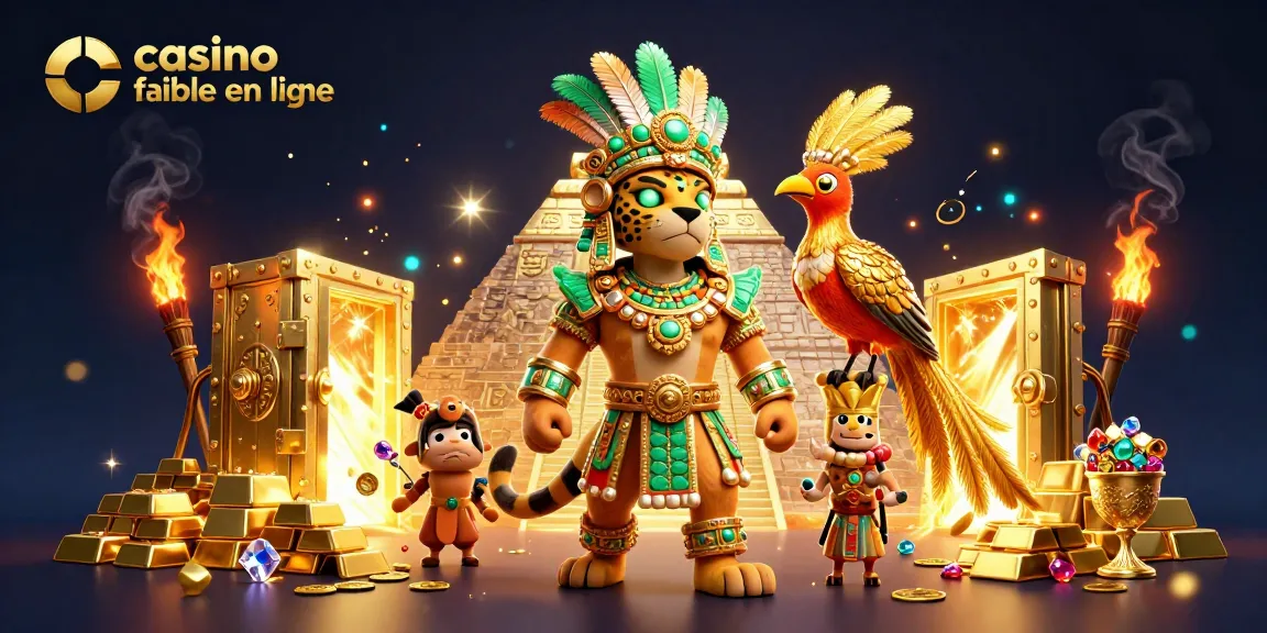 Visualisation d'un casino fiable en ligne avec un prêtre jaguar mayan et des richesses éparpillées.
