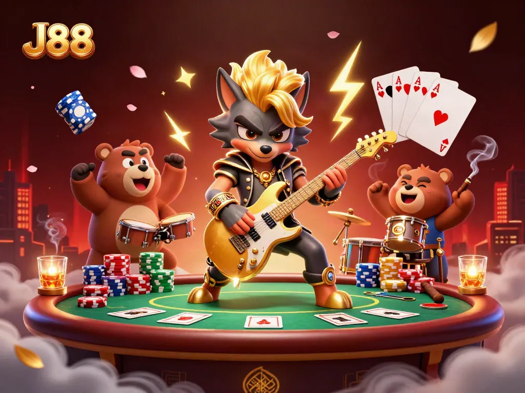 Experience thrilling J88 casino action with a wolf rockstar and vibrant gaming elements.