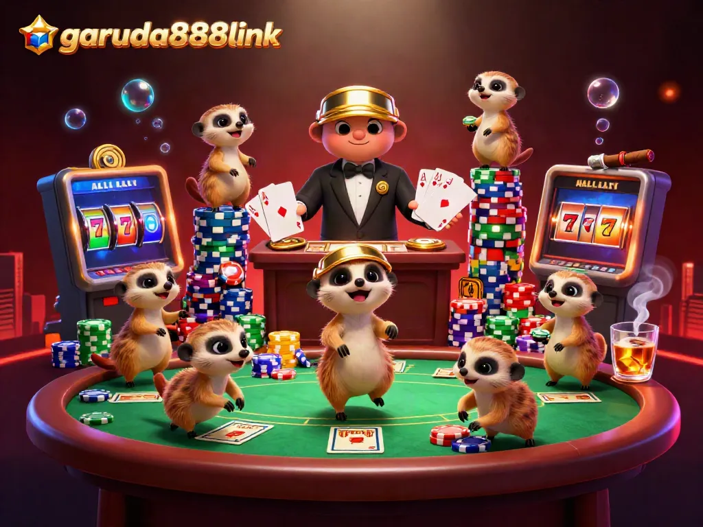 Engage with garuda888link's vibrant casino scene featuring meerkats running an elaborate gambling operation.