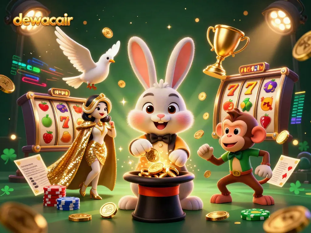 Dewacair magic shines with a magician rabbit, glamorous dove, and playful monkey amidst slots and casino symbols.