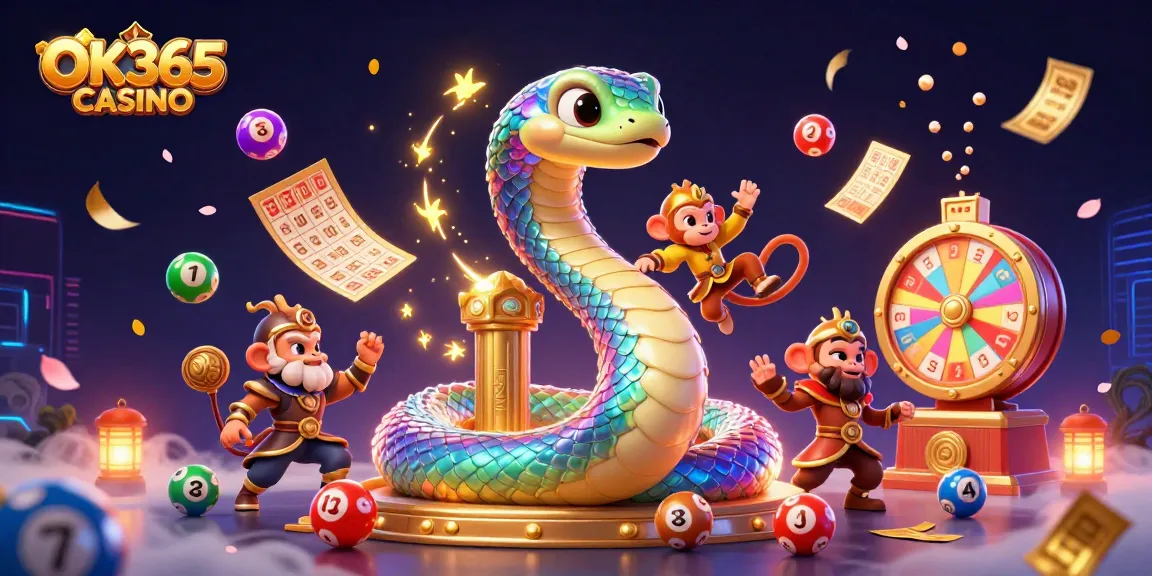Engage with the magical world of OK365 CASINO featuring vibrant gambling elements and creative 3D characters.