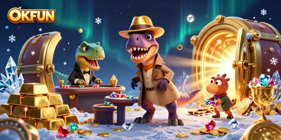 Experience the thrill at OKFUN with a velociraptor card counter and a stegosaurus boss in a dynamic casino scene!
