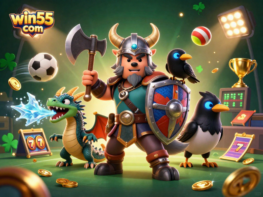 Engage in thrilling gameplay with win55 com featuring a Viking wolf warrior and dragon.