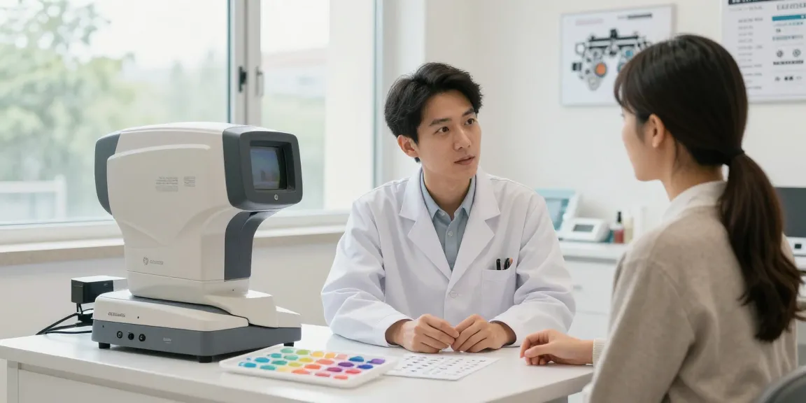 Consultation at SNU Eye Clinic discussing 라섹 컬러렌즈 with advanced eye care equipment.