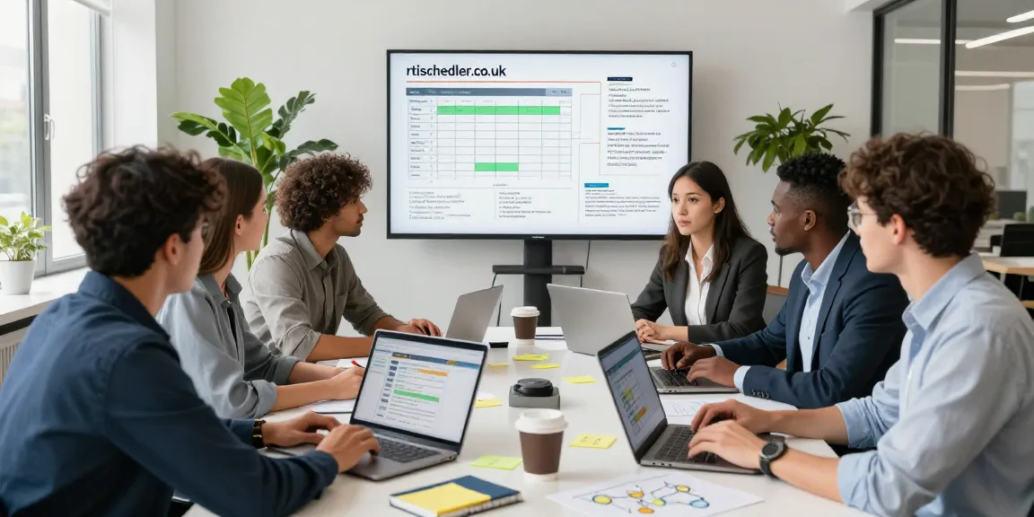 Team collaboration on scheduling solutions at rtischeduler.co.uk in a modern office setting