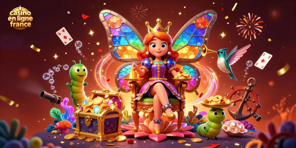 Visuel captivant casino en ligne France avec une reine papillon et des éléments ludiques.