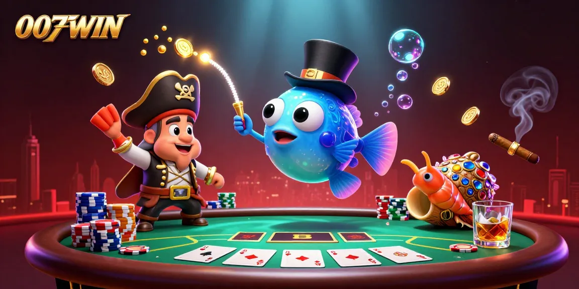 Experience the thrill of poker with 007WIN's engaging 3D casino illustration featuring lively characters and vibrant game elements
