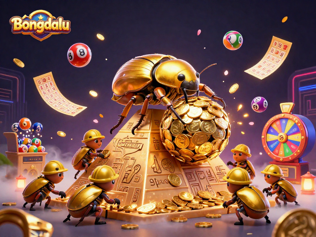 Bongdalu showcases a vibrant scene with cartoon beetles, lottery balls, and casino elements in a dynamic casino illustration.