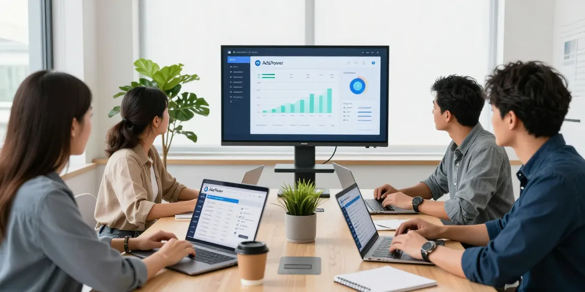 在会议室中，团队成员使用 https://adspowet.com 管理多账号，展示指纹浏览器功能的多样性和团队合作氛围。