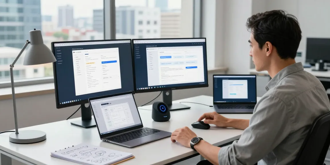 Professional using an AI assistant in a modern office workspace with dual monitors and a vibrant city view.