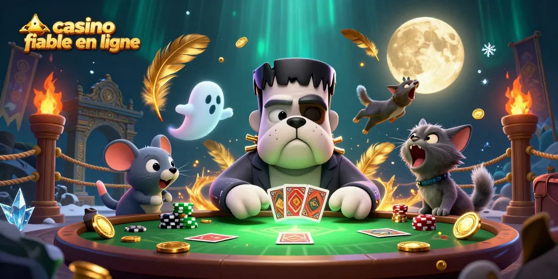 Jouez dans un casino fiable en ligne avec une illustration 3D animée capturant un bulldog Frankenstein dealer.