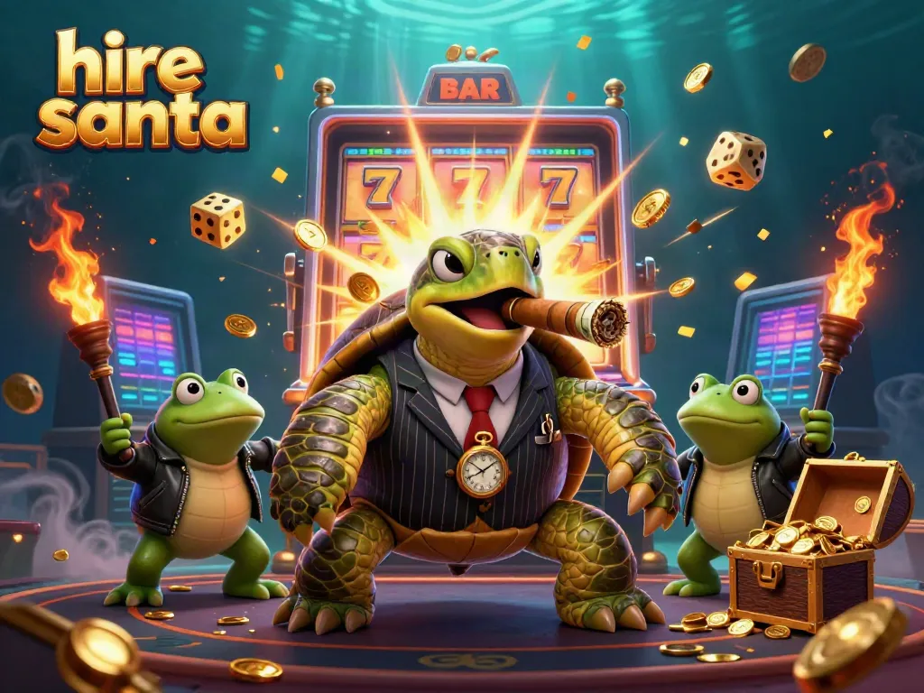 Experience the thrill to hire santa with a casino-themed scene featuring a snapping turtle mobster.
