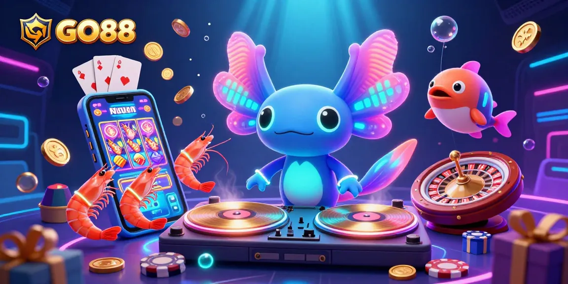 GO88 casino scene with an axolotl DJ spinning records, vibrant slot games, and casino excitement.