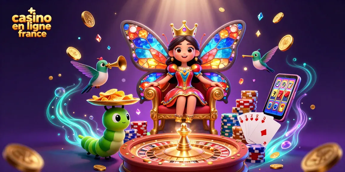 Vivez l'excitation du casino en ligne en France avec une reine papillon entourée de jeux et de richesses.