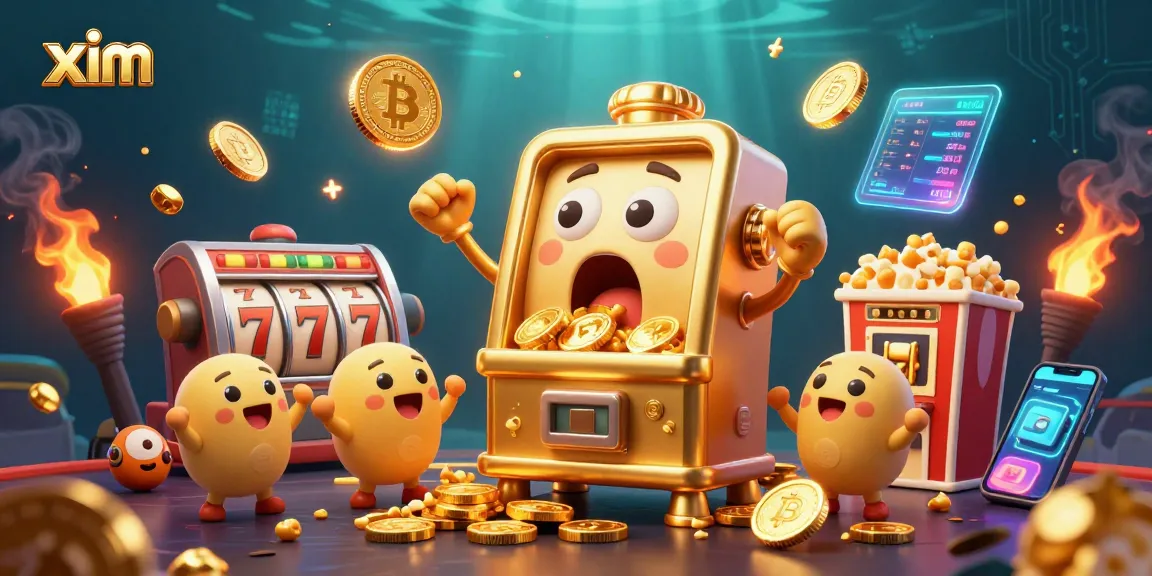 Spin to win big with xim's joyful jackpot celebration featuring golden slot machines and crypto coins!