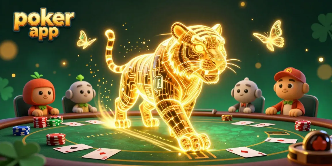 Giocare con l'app poker in un paesaggio digitale, caratterizzato da una tigre dorata che vive di energia luminosa e schemi circuitali.