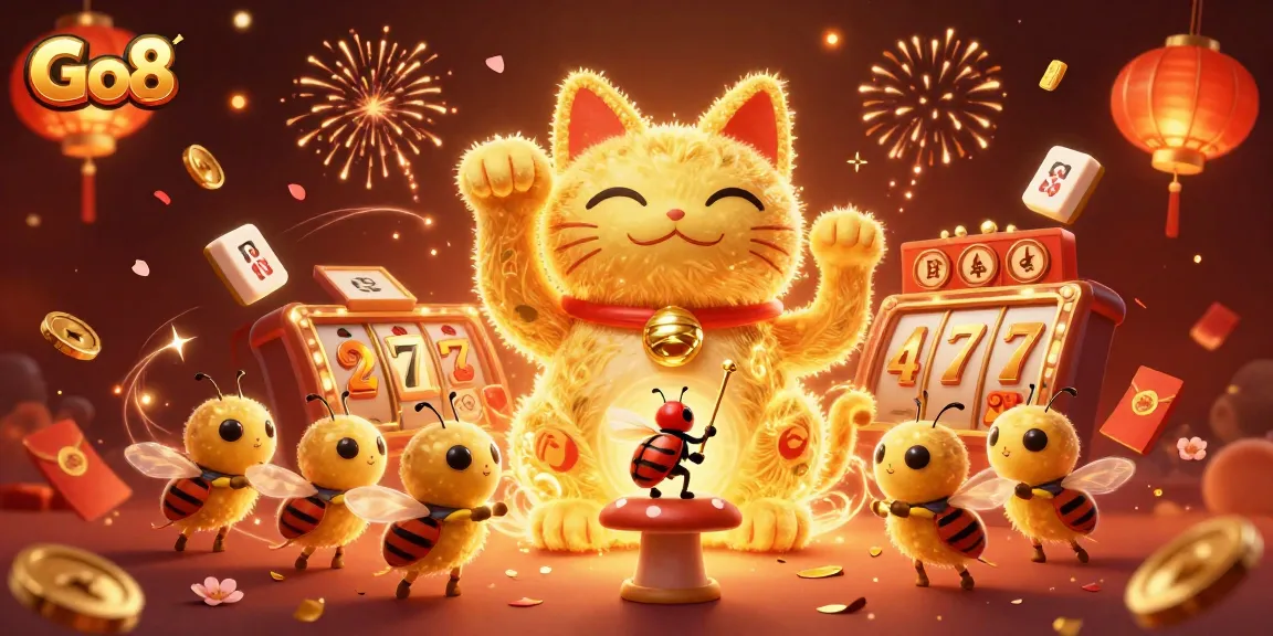 Experience thrilling gameplay at Go8 with a captivating lucky cat and casino icons.