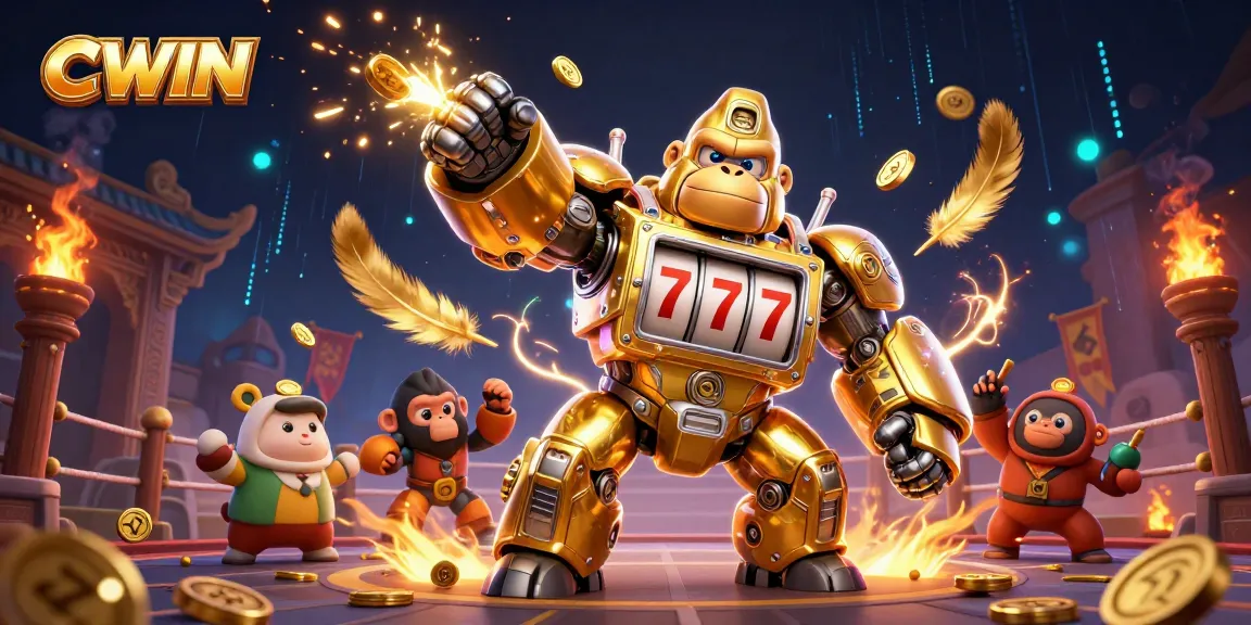 CWIN transforms gaming with a striking golden gorilla mech, slot machine parts, and thrilling casino elements for endless wins.