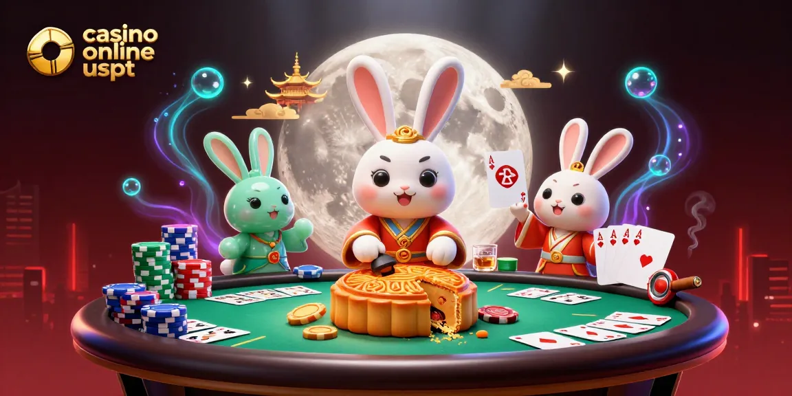 Scopri i giochi nei casino online usdt, con un coniglio della luna circondato da fiches e tazzine di poker.
