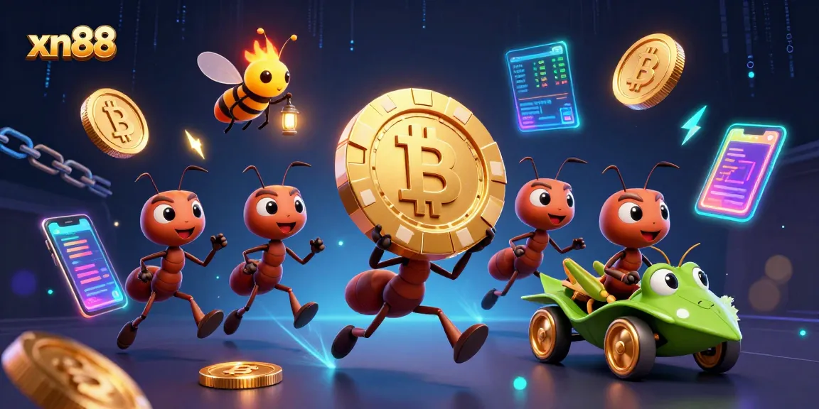 Join the action at xn88 with quirky ants heisting a giant poker chip amid glowing crypto coins.