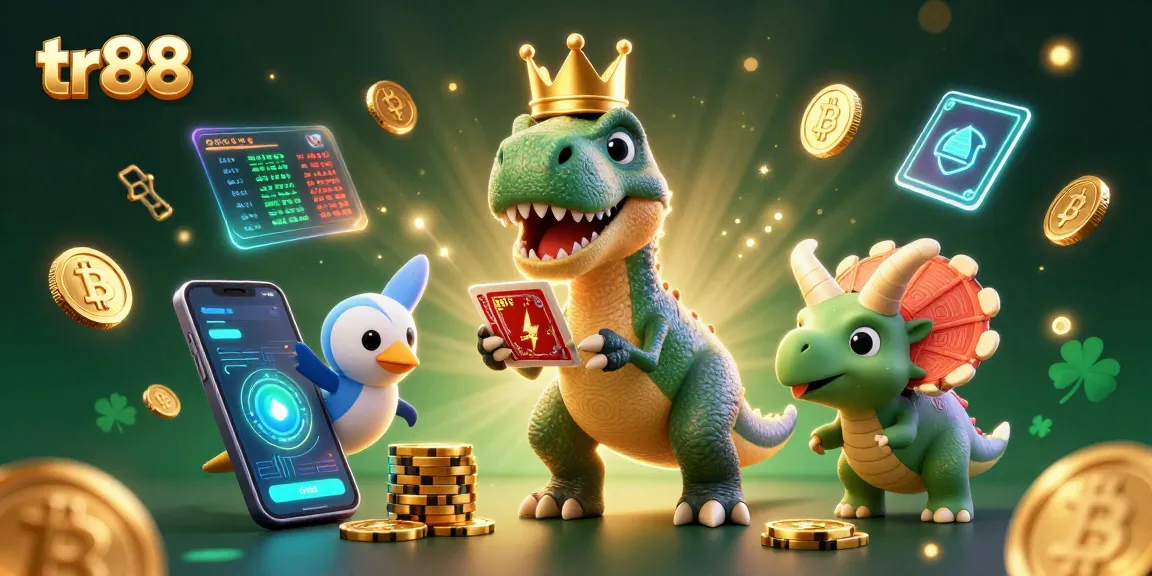 tr88 casino fun with a T-Rex shuffling cards and a baby triceratops stacking chips in a vibrant digital illustration
