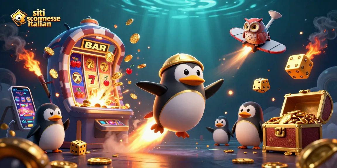 Vincere con i migliori siti scommesse italiani, mentre un pinguino d'oro vola verso una stazione spaziale di casinò.