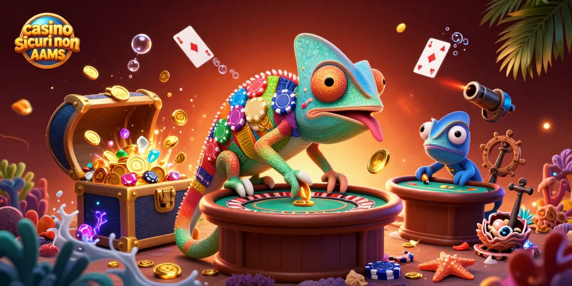 Immagine di casino sicuri non AAMS con un camaleonte enorme che osserva il tavolo da roulette mentre raccoglie monete d'oro.