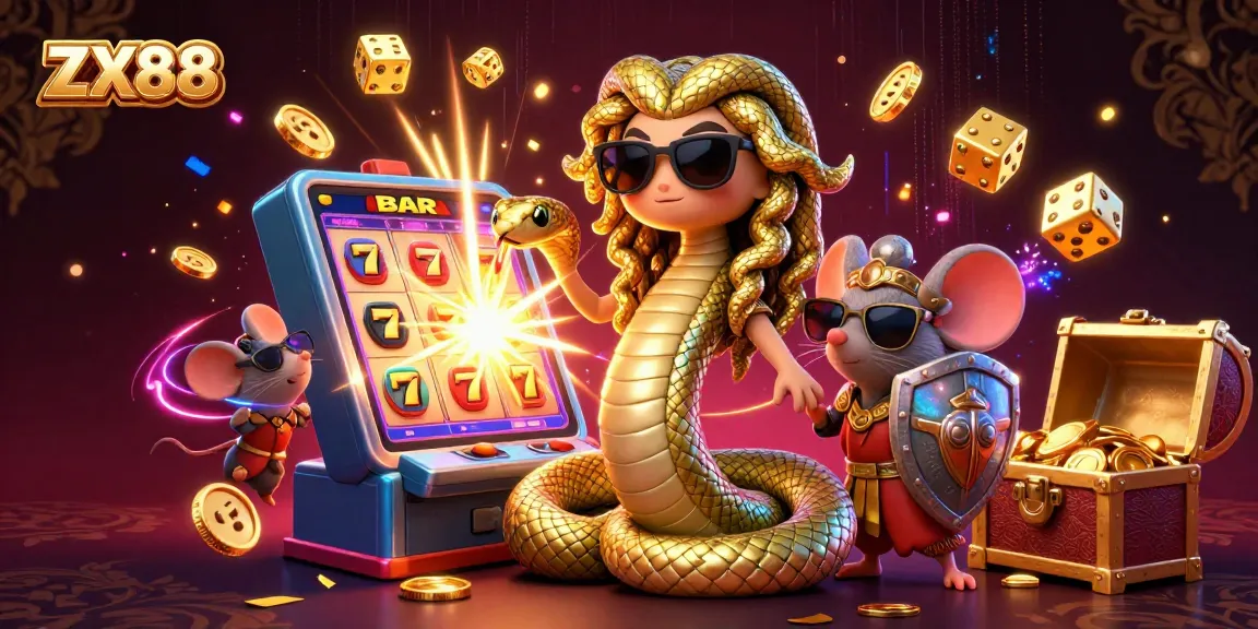 Spin the ZX88 slot machine for exciting wins with Medusa and a mouse warrior in a vibrant casino scene.